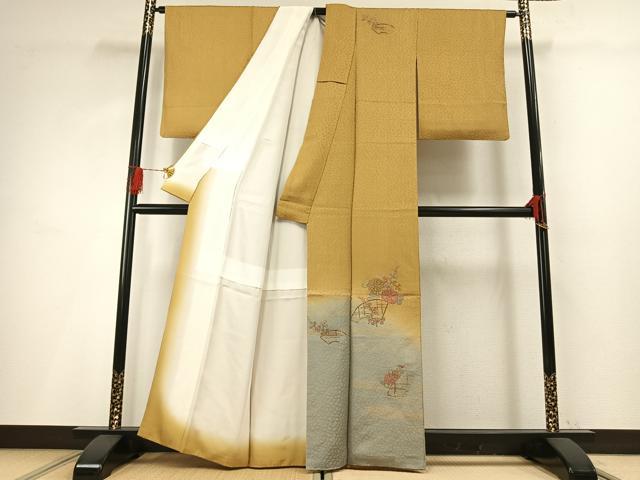 平和屋着物■訪問着　中国三大刺繍　汕頭刺繍　スワトウ刺繍　駒刺繍　地紙花文　暈し染め　金彩　正絹　逸品　AABG1877fy