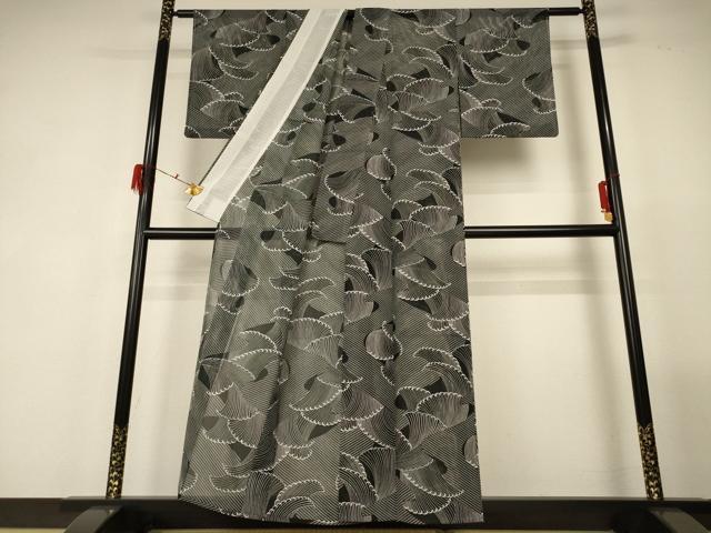 平和屋着物＊夏物 小紋 絽 立波文 黒地 洗える着物 AABG2001jd