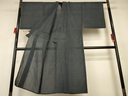 平和屋着物＊夏物　男性　紗紬　ちぢみ織　藍墨茶色　正絹　逸品　AABG2061jd