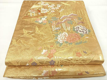 平和屋着物◎六通柄袋帯 唐織 色紙花鳥文 金糸 正絹 逸品 AABG2083yx