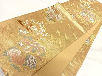 平和屋着物◎六通柄袋帯 唐織 色紙花鳥文 金糸 正絹 逸品 AABG2083yx