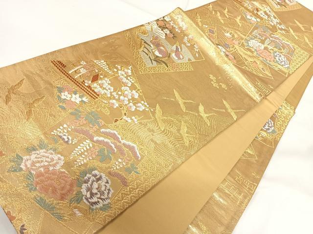 平和屋着物◎六通柄袋帯 唐織 色紙花鳥文 金糸 正絹 逸品 AABG2083yx