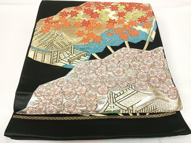 平和屋着物◎六通柄袋帯　唐織　扇面花文　黒地　金銀糸　正絹　逸品　AABG2094yx
