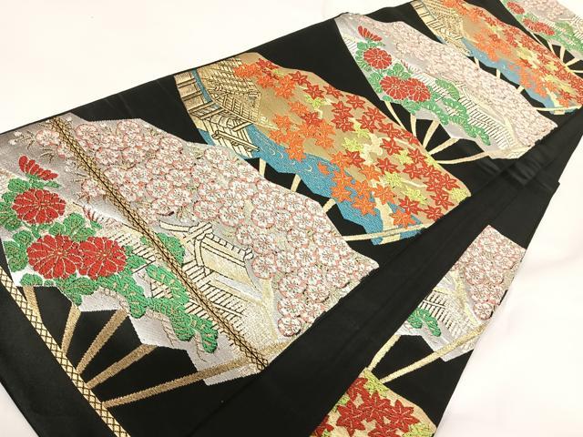 平和屋着物◎六通柄袋帯　唐織　扇面花文　黒地　金銀糸　正絹　逸品　AABG2094yx