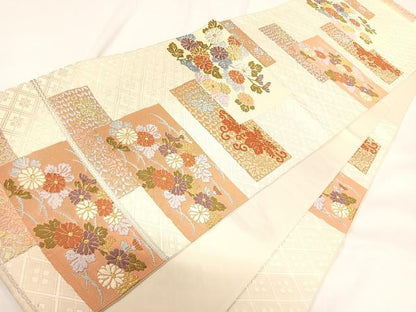 平和屋着物◎六通柄袋帯 唐織 色紙重ね花文 金銀糸 正絹 逸品 AABG2106yx