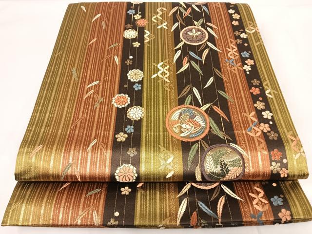 平和屋着物◎六通柄袋帯　唐織　花鳥間道　金糸　正絹　逸品　AABG2108yx