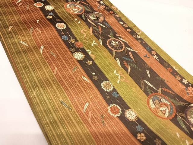 平和屋着物◎六通柄袋帯　唐織　花鳥間道　金糸　正絹　逸品　AABG2108yx