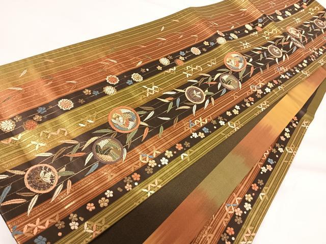 平和屋着物◎六通柄袋帯　唐織　花鳥間道　金糸　正絹　逸品　AABG2108yx
