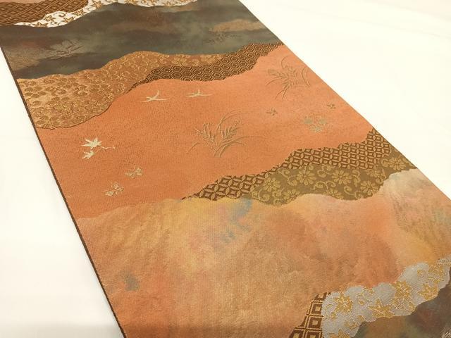 平和屋着物◎西陣 服部織物謹製 六通柄袋帯 こはく錦 手工芸 道長花文 金銀糸 正絹 逸品 AABG2110yx