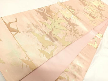 平和屋着物◎六通柄袋帯 新錦 群鶴 金糸 正絹 逸品 AABG2121yx