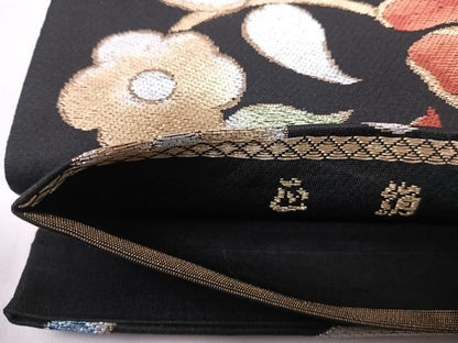 平和屋着物◎六通柄袋帯 花唐草文 黒地 金銀糸 正絹 逸品 AABG2126yx