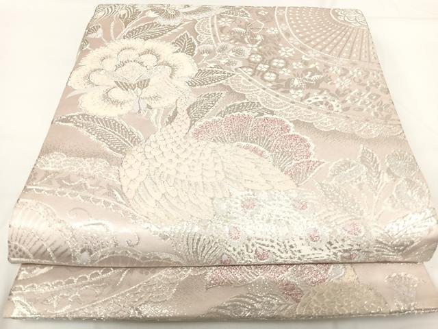 平和屋着物◎両面全通柄袋帯 孔雀に若松文錦 銀糸 正絹 逸品 AABG2127yx