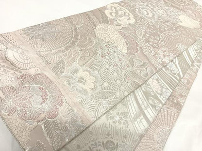 平和屋着物◎両面全通柄袋帯 孔雀に若松文錦 銀糸 正絹 逸品 AABG2127yx