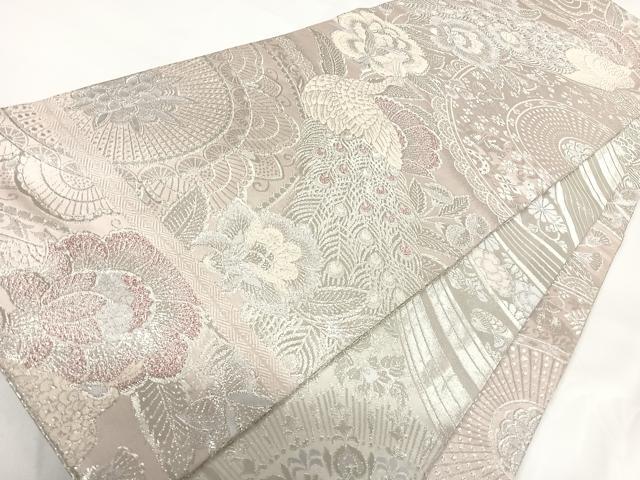 平和屋着物◎両面全通柄袋帯 孔雀に若松文錦 銀糸 正絹 逸品 AABG2127yx