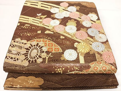 平和屋着物◎六通柄袋帯 唐織 渡橋花文 金糸 正絹 逸品 AABG2129yx