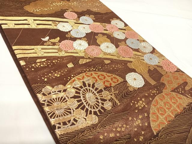 平和屋着物◎六通柄袋帯 唐織 渡橋花文 金糸 正絹 逸品 AABG2129yx