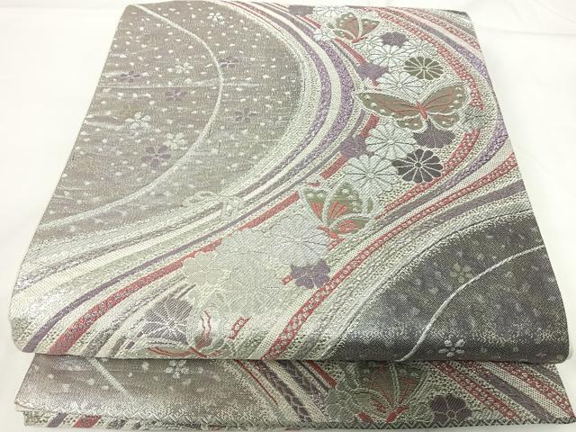 平和屋着物◎六通柄袋帯 唐織 花蝶文 銀糸 正絹 逸品 AABG2133yx