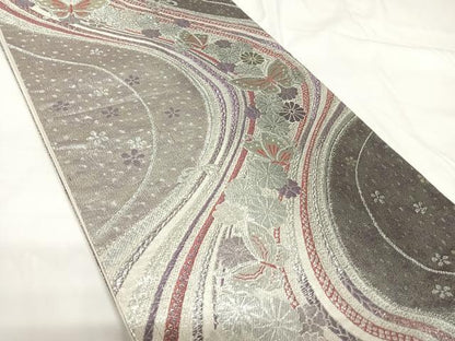 平和屋着物◎六通柄袋帯 唐織 花蝶文 銀糸 正絹 逸品 AABG2133yx