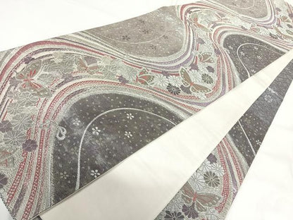 平和屋着物◎六通柄袋帯 唐織 花蝶文 銀糸 正絹 逸品 AABG2133yx