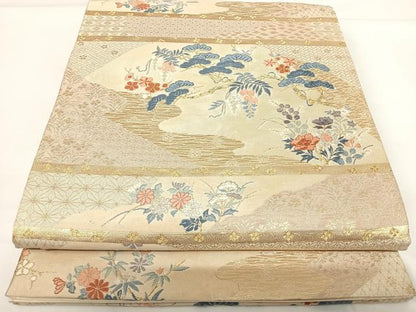 平和屋着物◎六通柄袋帯 九百別織 加賀刺繍調文 金銀糸 正絹 逸品 AABG2138yx