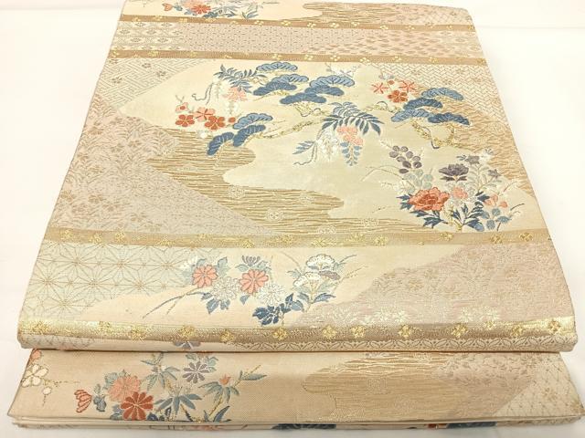 平和屋着物◎六通柄袋帯 九百別織 加賀刺繍調文 金銀糸 正絹 逸品 AABG2138yx
