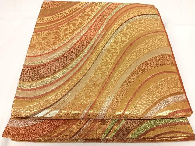 平和屋着物◎六通柄袋帯　流水花文　金糸　正絹　逸品　AABG2139yx