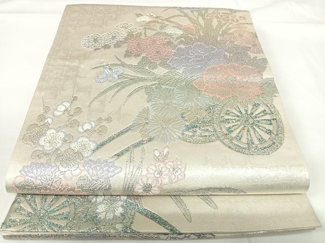 平和屋着物◎六通柄袋帯 唐織 九百プラチナ 花車文 正絹 逸品 AABG2141yx
