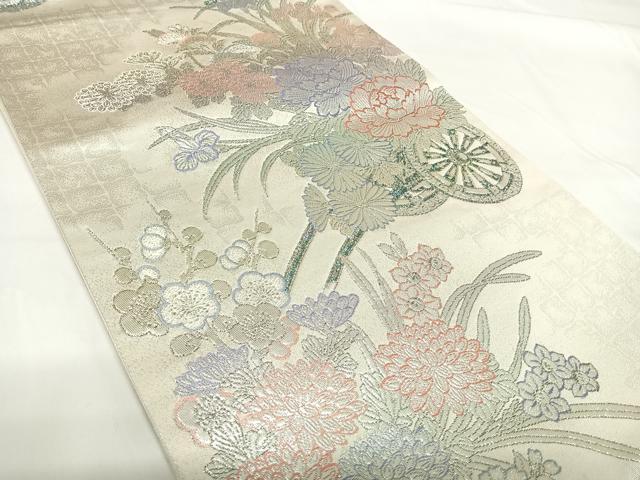 平和屋着物◎六通柄袋帯 唐織 九百プラチナ 花車文 正絹 逸品 AABG2141yx
