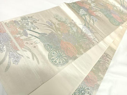 平和屋着物◎六通柄袋帯 唐織 九百プラチナ 花車文 正絹 逸品 AABG2141yx