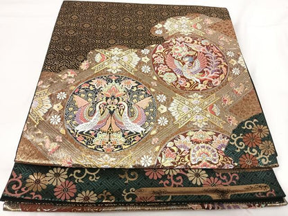 平和屋着物◎六通柄袋帯 唐織 優都里 双鳥花文 金銀糸 正絹 逸品 AABG2145yx
