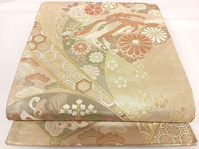 平和屋着物◎佐賀錦 六通柄袋帯 地紙鳳凰花文 金糸 正絹 逸品 AABG2148yx
