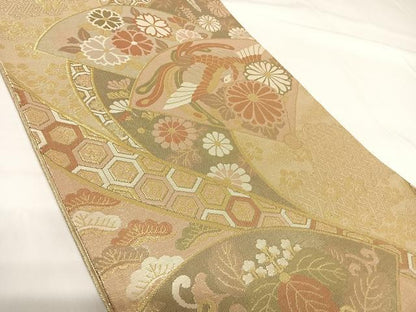 平和屋着物◎佐賀錦 六通柄袋帯 地紙鳳凰花文 金糸 正絹 逸品 AABG2148yx