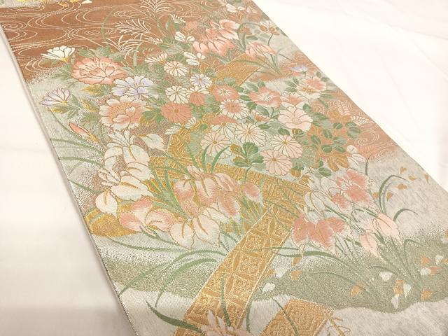 平和屋着物◎六通柄袋帯 風景花文 金銀糸 正絹 逸品 AABG2167yx