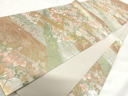 平和屋着物◎六通柄袋帯 風景花文 金銀糸 正絹 逸品 AABG2167yx
