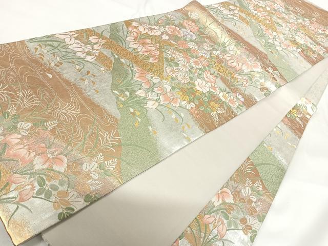 平和屋着物◎六通柄袋帯 風景花文 金銀糸 正絹 逸品 AABG2167yx
