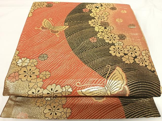 平和屋着物◎全通柄袋帯 花蝶文 金糸 正絹 逸品 AABG2170yx