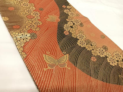 平和屋着物◎全通柄袋帯 花蝶文 金糸 正絹 逸品 AABG2170yx