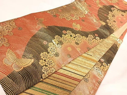 平和屋着物◎全通柄袋帯 花蝶文 金糸 正絹 逸品 AABG2170yx