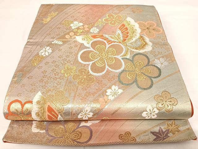 平和屋着物◎六通柄袋帯 唐織 花蝶文 金銀糸 正絹 逸品 AABG2189yx