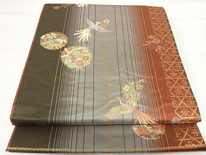 平和屋着物◎六通柄袋帯　唐織　尾長鳥花文　金糸　正絹　逸品　AABG2191yx