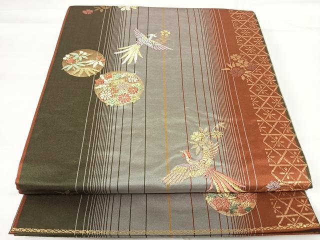 平和屋着物◎六通柄袋帯　唐織　尾長鳥花文　金糸　正絹　逸品　AABG2191yx
