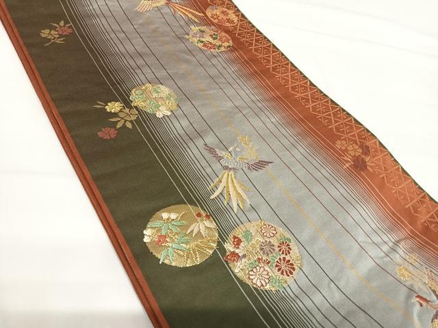 平和屋着物◎六通柄袋帯　唐織　尾長鳥花文　金糸　正絹　逸品　AABG2191yx