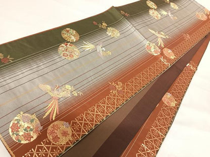 平和屋着物◎六通柄袋帯　唐織　尾長鳥花文　金糸　正絹　逸品　AABG2191yx