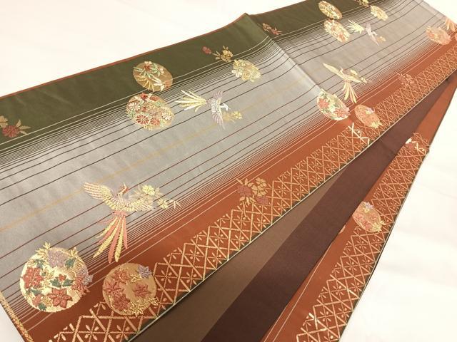 平和屋着物◎六通柄袋帯　唐織　尾長鳥花文　金糸　正絹　逸品　AABG2191yx