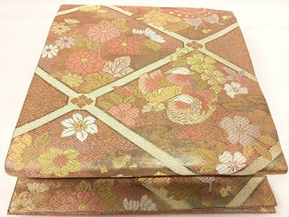 平和屋着物◎佐賀錦　六通柄袋帯　唐織　鴛鴦花文　金糸　正絹　逸品　AABG2194yx