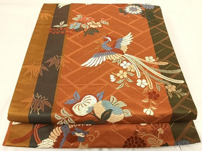 平和屋着物◎六通柄袋帯　唐織　鳳凰花文　金糸　正絹　逸品　AABG2197yx