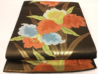平和屋着物◎六通柄袋帯 草花文 金糸 正絹 逸品 AABG2203yx