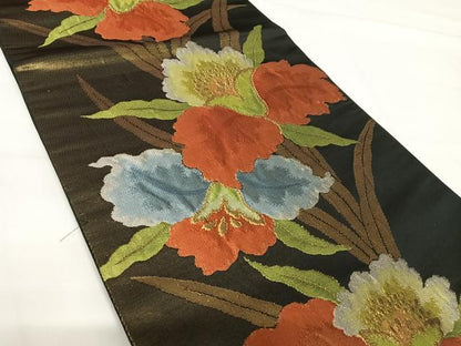 平和屋着物◎六通柄袋帯 草花文 金糸 正絹 逸品 AABG2203yx