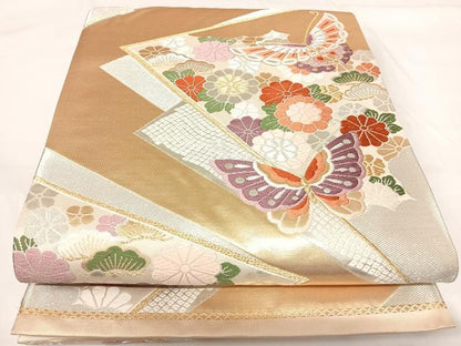 平和屋着物◎六通柄袋帯 唐織 花蝶文 金銀糸 正絹 逸品 AABG2215yx