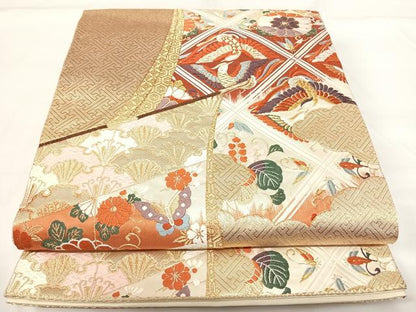 平和屋着物◎六通柄袋帯 唐織 花鳥文 金糸 正絹 逸品 AABG2220yx